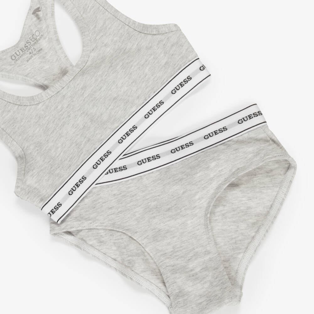Guess-Girls Grey Marl Cotton Bra Top Knickers Set | Childrensalon
