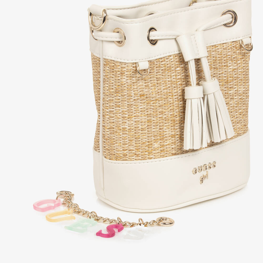 Guess-Girls Ivory & Beige Straw Bucket Bag (20cm) | Childrensalon