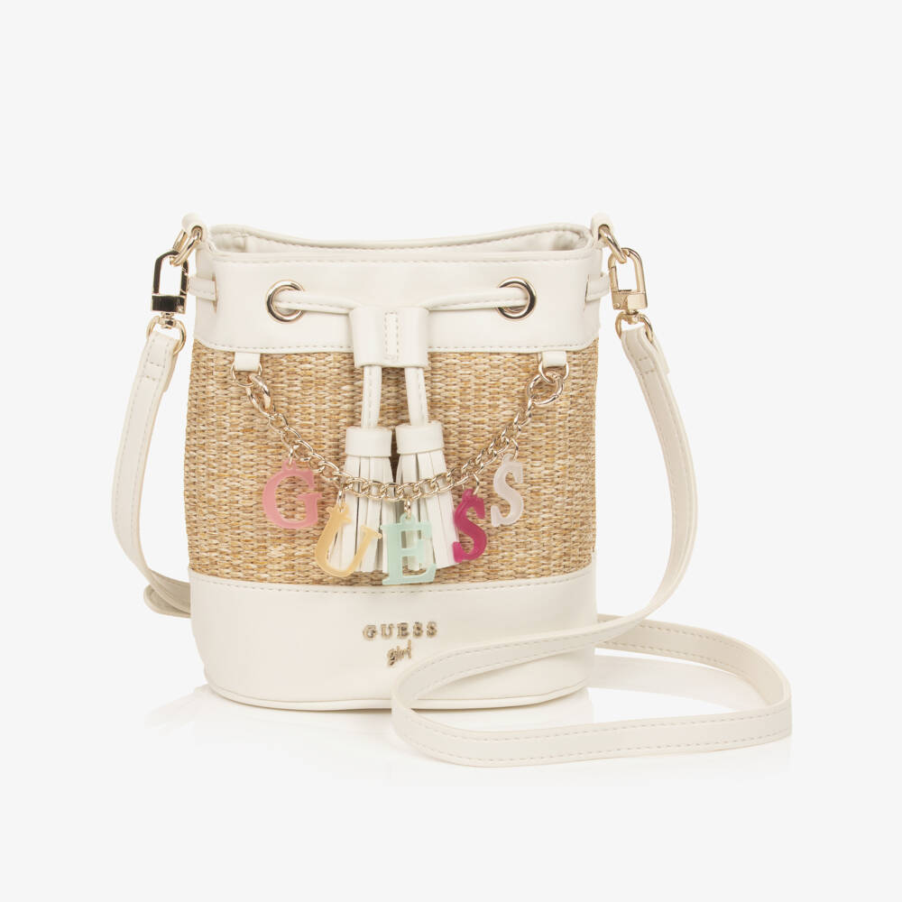 Guess-Girls Ivory & Beige Straw Bucket Bag (20cm) | Childrensalon