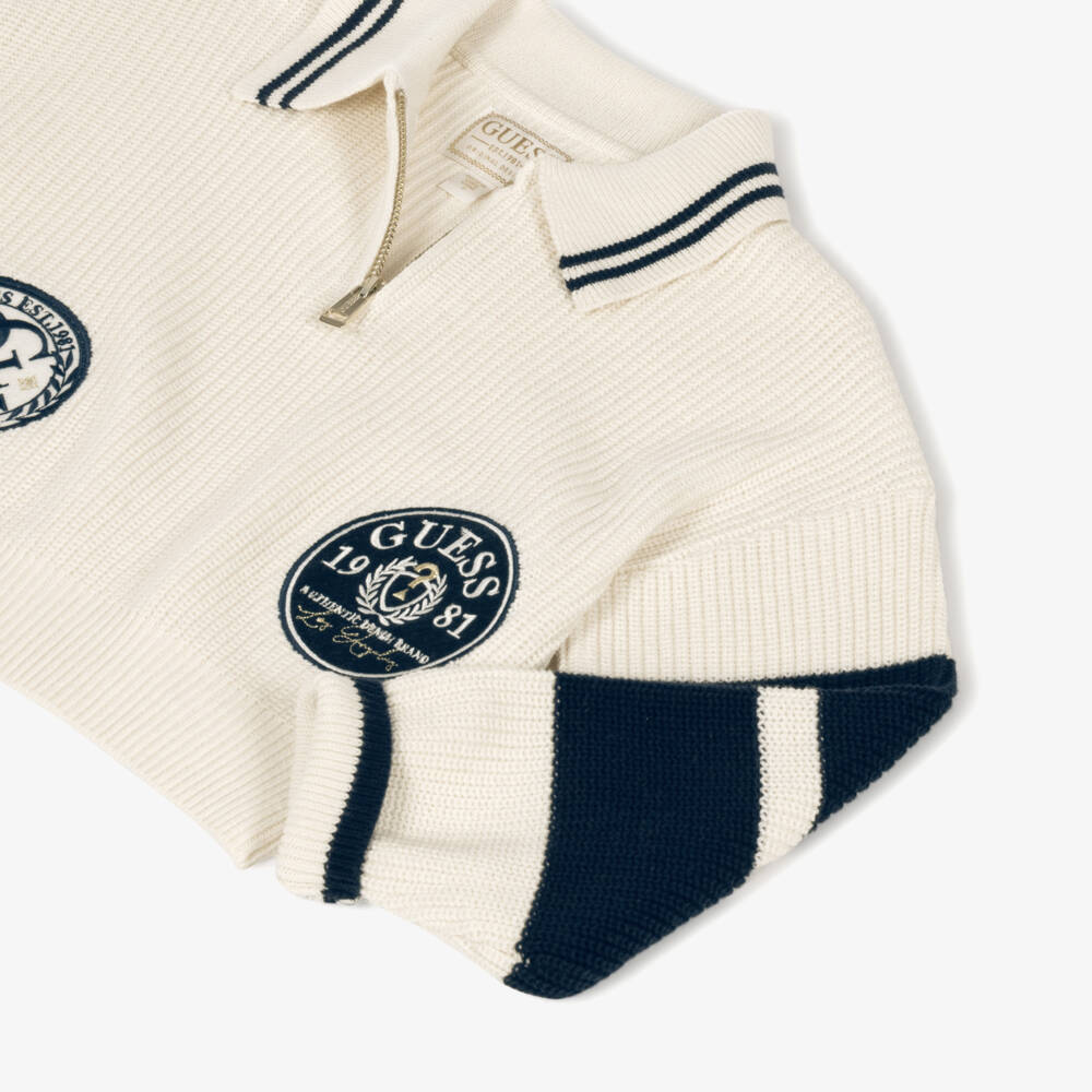 Guess-Girls Ivory Cotton Knit Varsity Polo Sweater | Childrensalon
