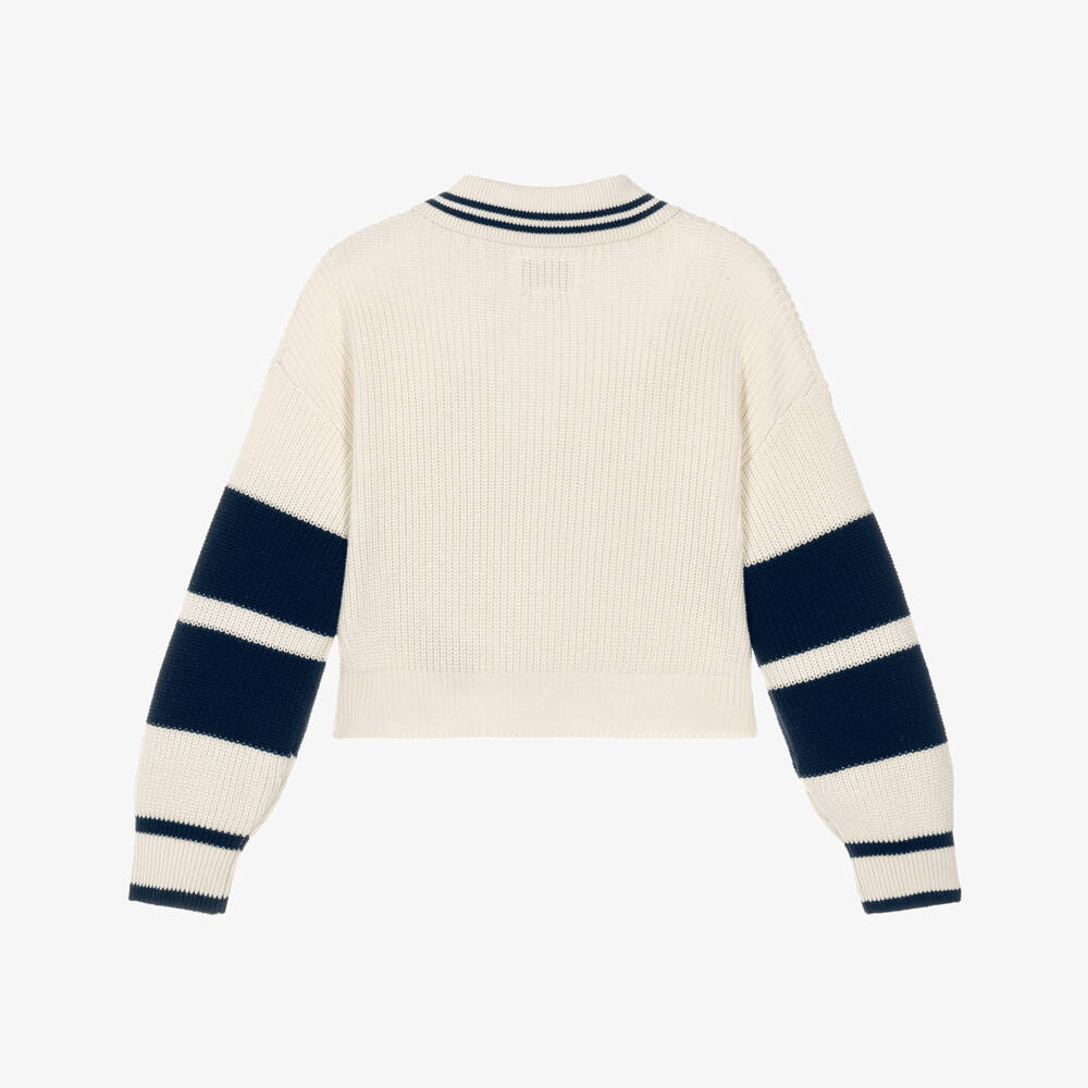 Guess-Girls Ivory Cotton Knit Varsity Polo Sweater | Childrensalon