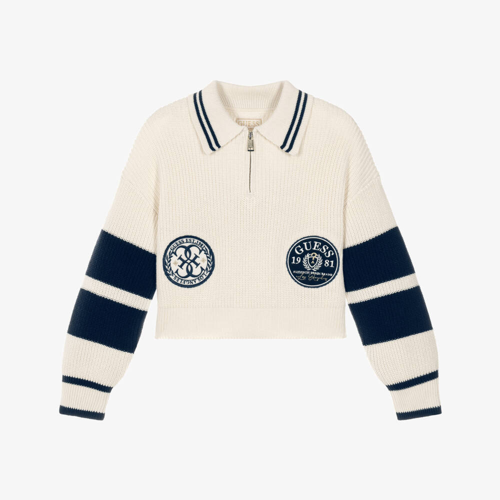 Guess-Girls Ivory Cotton Knit Varsity Polo Sweater | Childrensalon