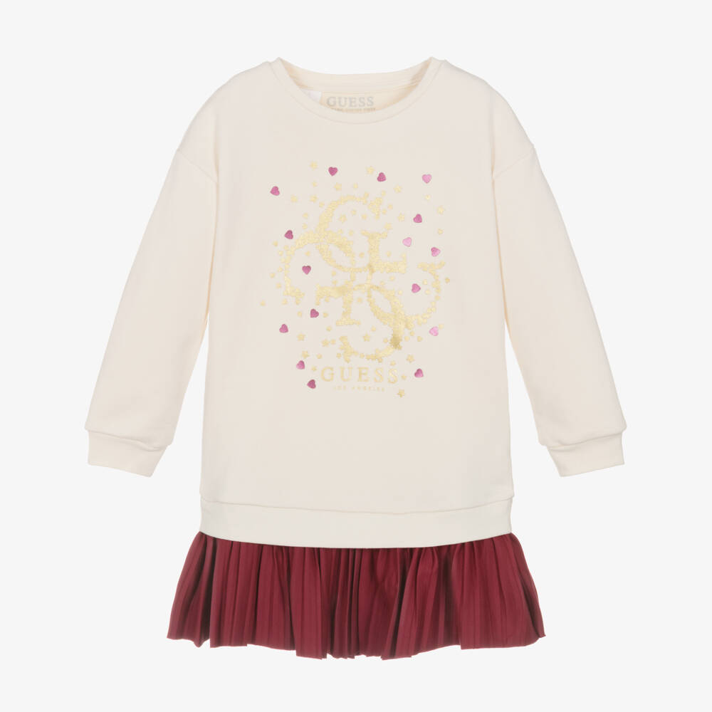 Guess-Girls Ivory Cotton Sweatshirt Dress with Pleated Red Skirt | Childrensalon