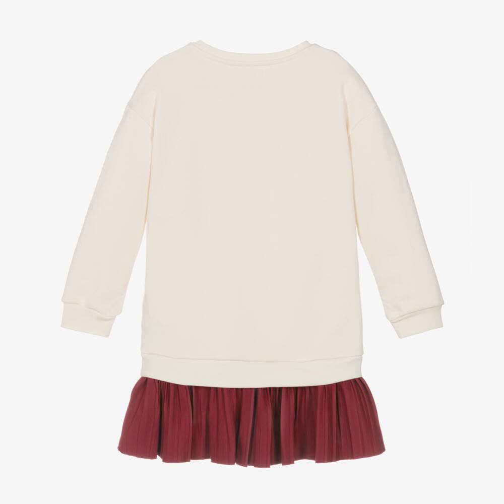 Guess-Girls Ivory Cotton Sweatshirt Dress with Pleated Red Skirt | Childrensalon