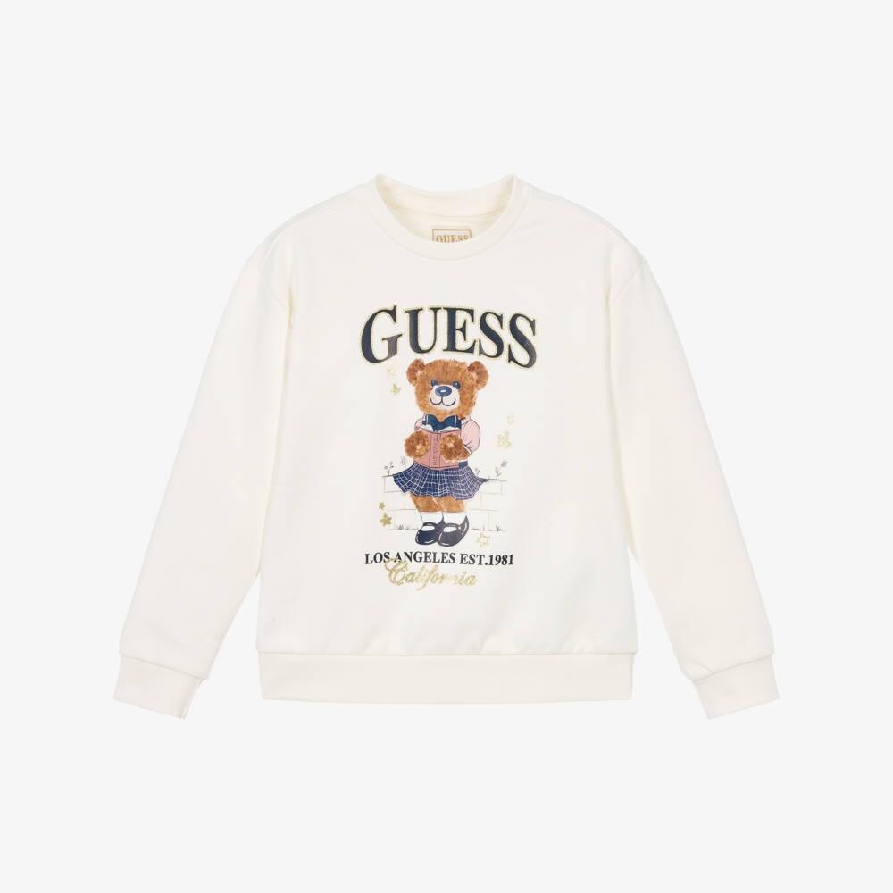 Guess-Girls Ivory Cotton Sweatshirt with Bear Print | Childrensalon