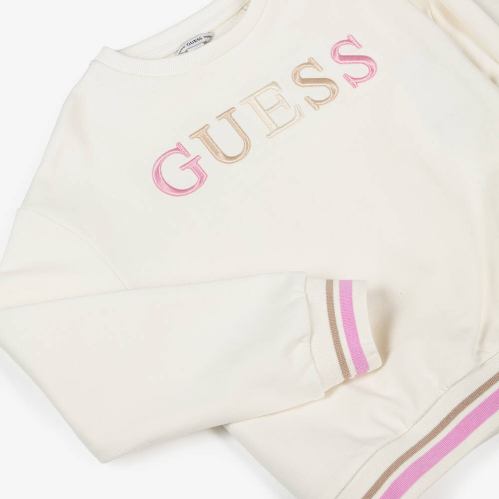 Guess-Girls Ivory Cotton Sweatshirt with Pink & Beige Logo & Trim | Childrensalon