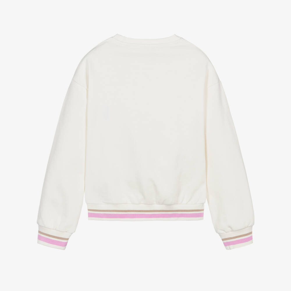 Guess-Girls Ivory Cotton Sweatshirt with Pink & Beige Logo & Trim | Childrensalon