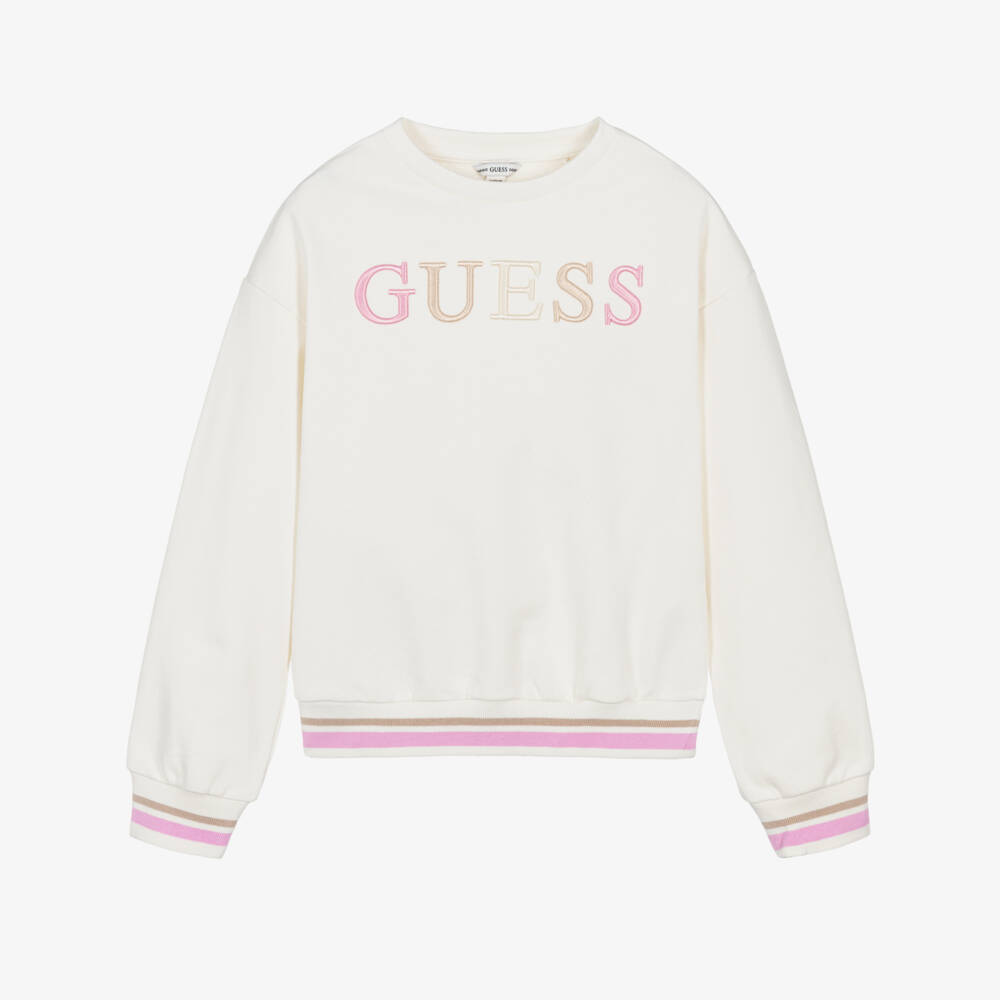 Guess-Girls Ivory Cotton Sweatshirt with Pink & Beige Logo & Trim | Childrensalon