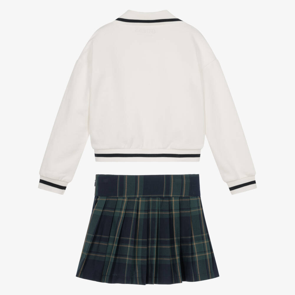 Guess-Girls Ivory Cotton Top & Blue Tartan Skirt Set | Childrensalon