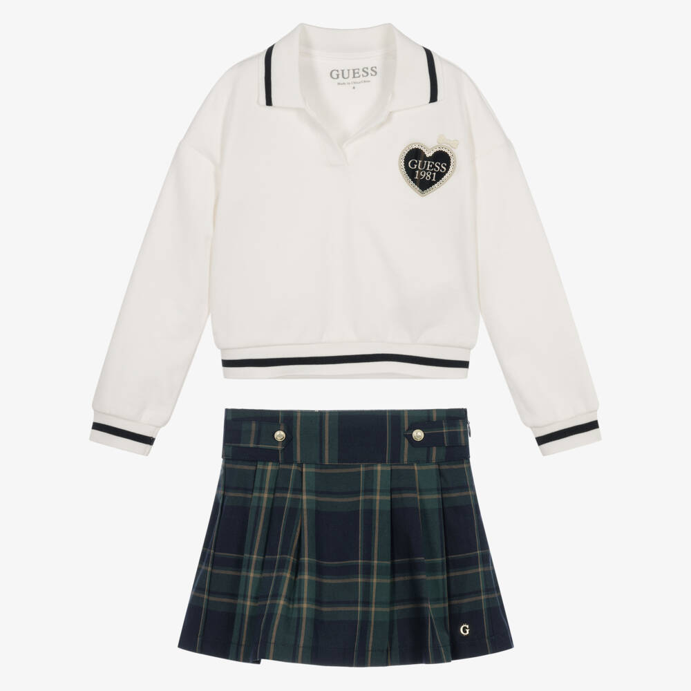 Guess-Girls Ivory Cotton Top & Blue Tartan Skirt Set | Childrensalon