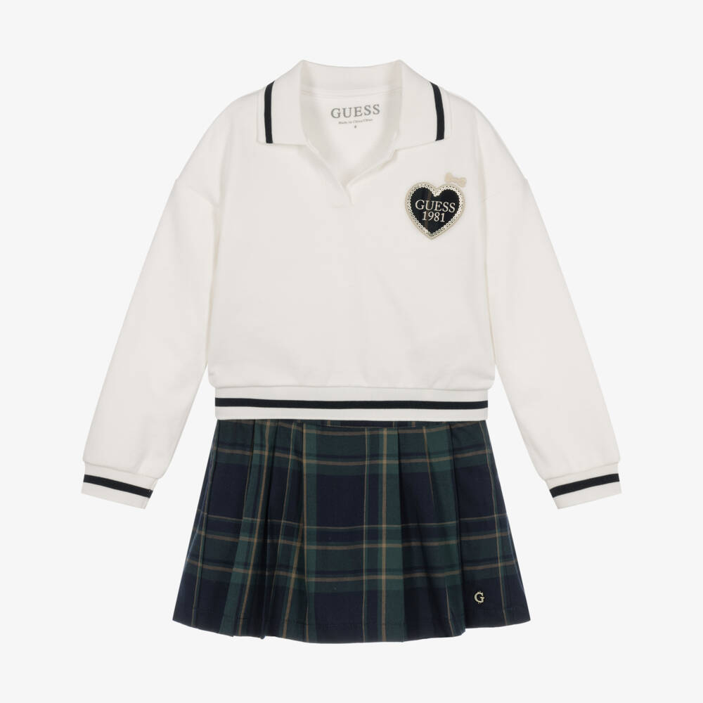 Guess-Girls Ivory Cotton Top & Blue Tartan Skirt Set | Childrensalon