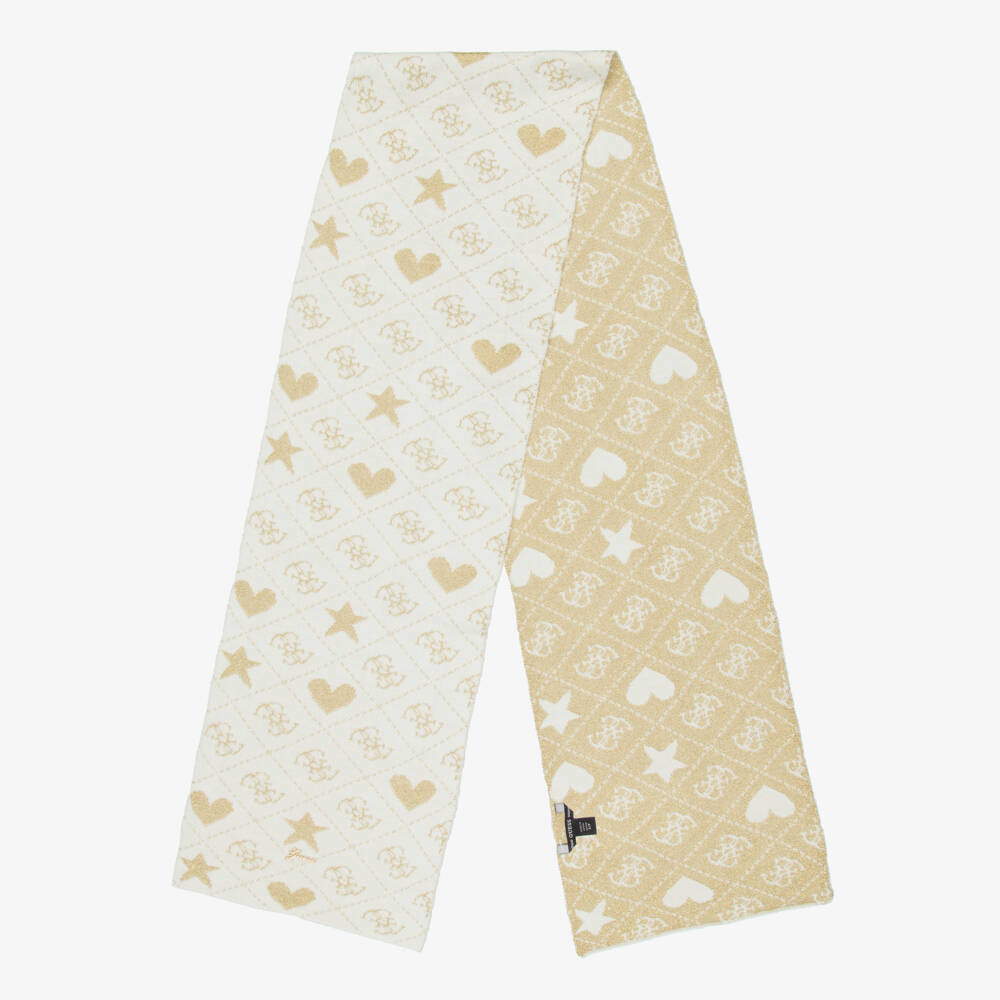 Guess-Girls Ivory & Gold 4G Logo Print Hat & Scarf Set | Childrensalon