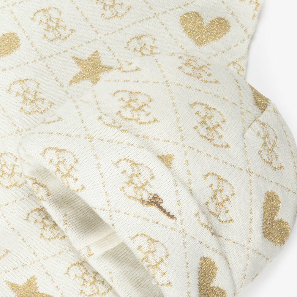 Guess-Girls Ivory & Gold 4G Logo Print Hat & Scarf Set | Childrensalon