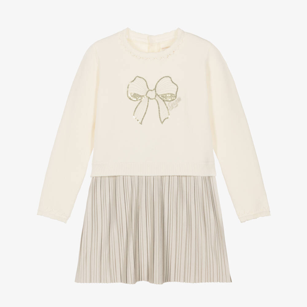 Guess-Girls Ivory Knit Dress with Pleated Skirt | Childrensalon