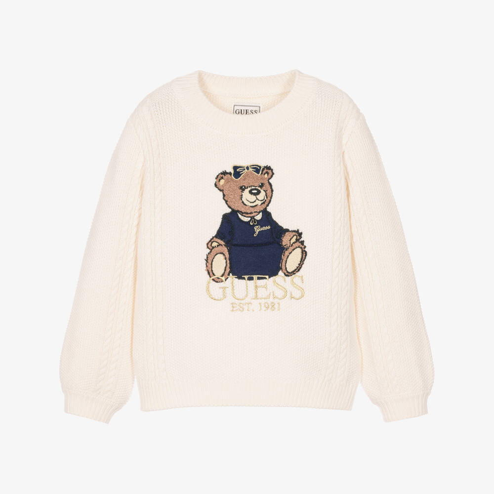 Guess-Girls Ivory Knitted Sweater with Bear Motif | Childrensalon