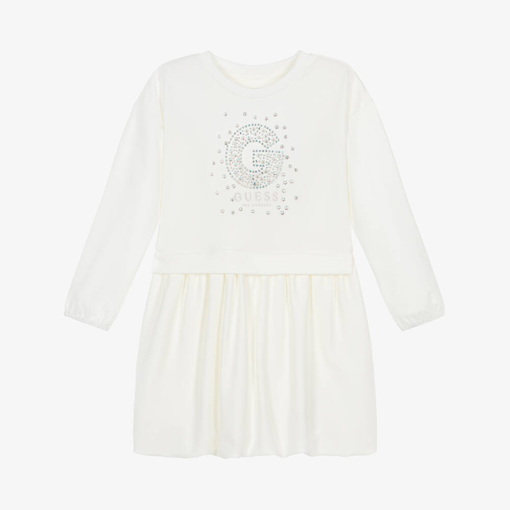 Guess-Girls Ivory Milano Jersey Dress with Diamanté Logo | Childrensalon