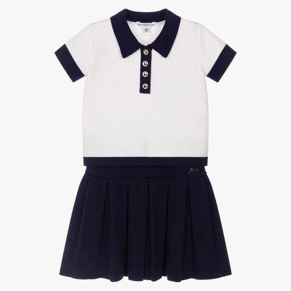 Guess-Girls Ivory & Navy Blue Knitted Skirt Set | Childrensalon