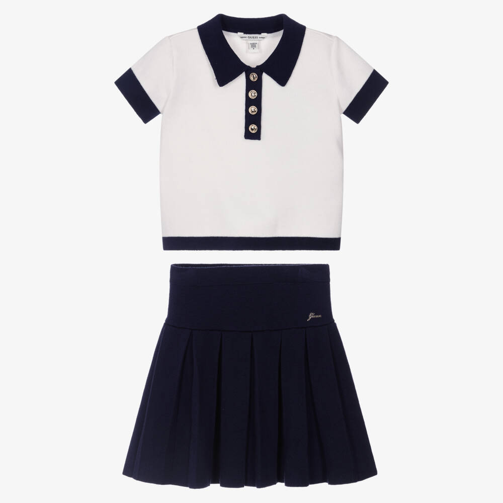 Guess-Girls Ivory & Navy Blue Knitted Skirt Set | Childrensalon