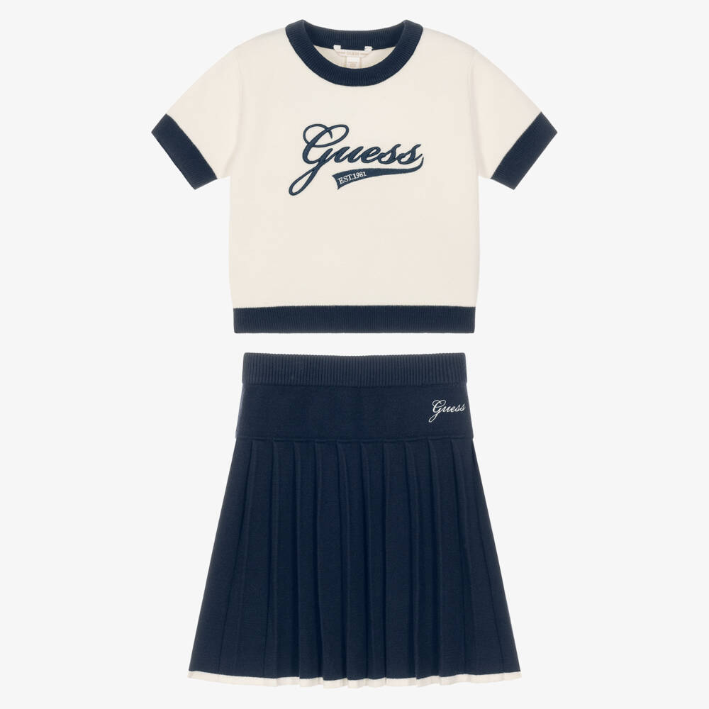 Guess-Girls Ivory & Navy Blue Knitted Skirt Set | Childrensalon