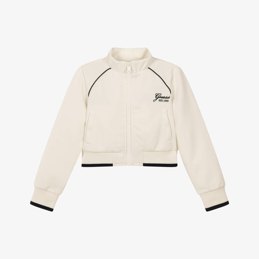 Guess-Girls Ivory Piqué Textured Zip-Up Top | Childrensalon