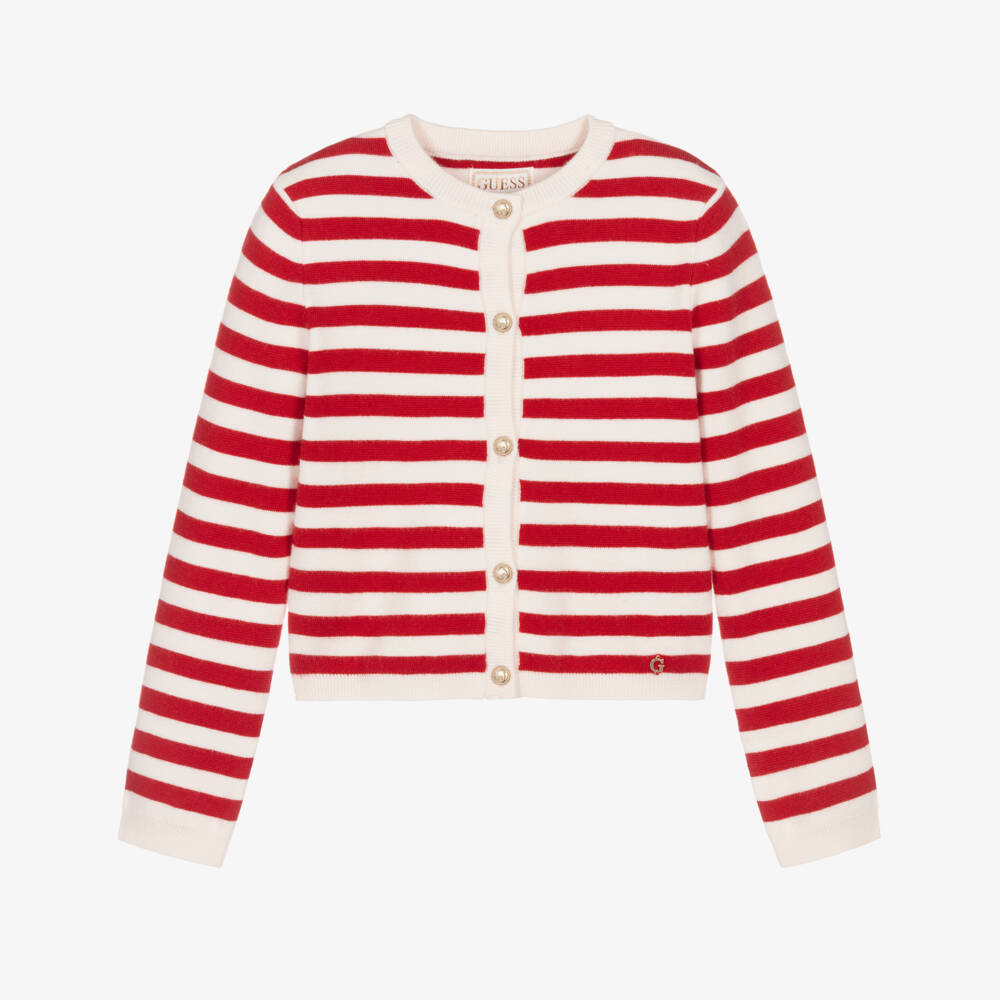 Guess-Girls Ivory & Red Stripe Knitted Cardigan | Childrensalon