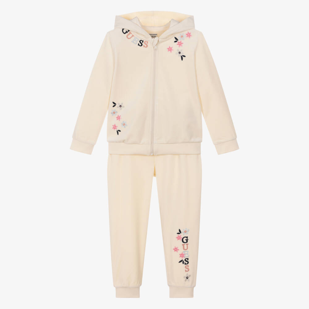 Guess-Girls Ivory Velour Tracksuit with Embroidered Flowers | Childrensalon