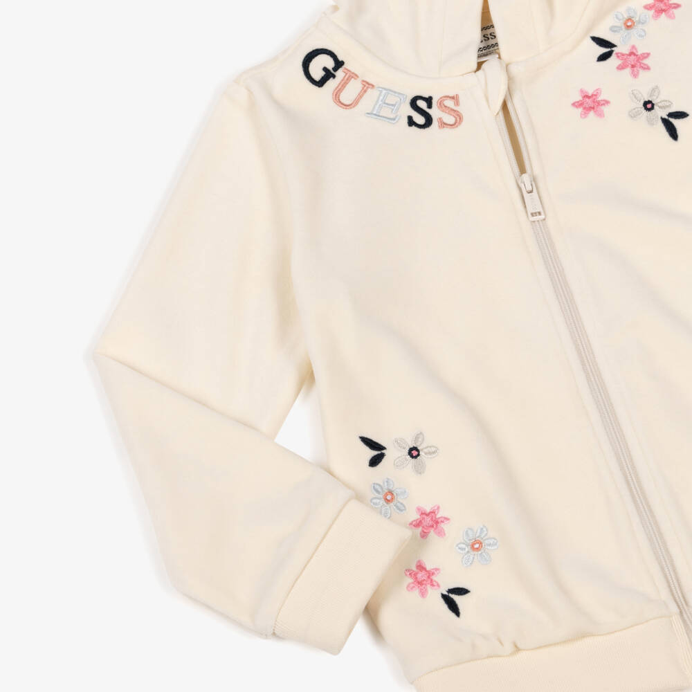 Guess-Girls Ivory Velour Tracksuit with Embroidered Flowers | Childrensalon