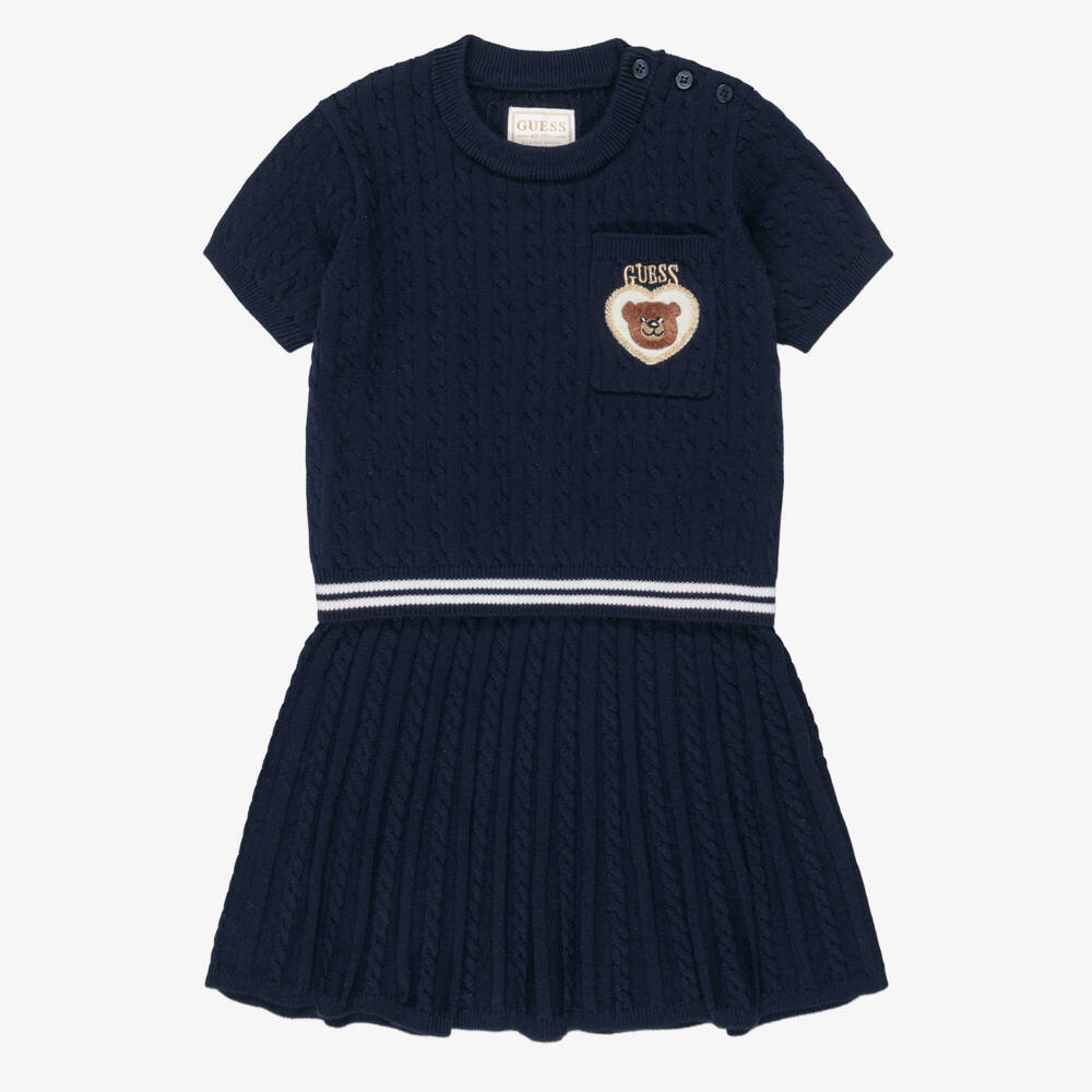 Guess-Girls Navy Blue Cable Knit Skirt Set with Teddy Bear Motif | Childrensalon
