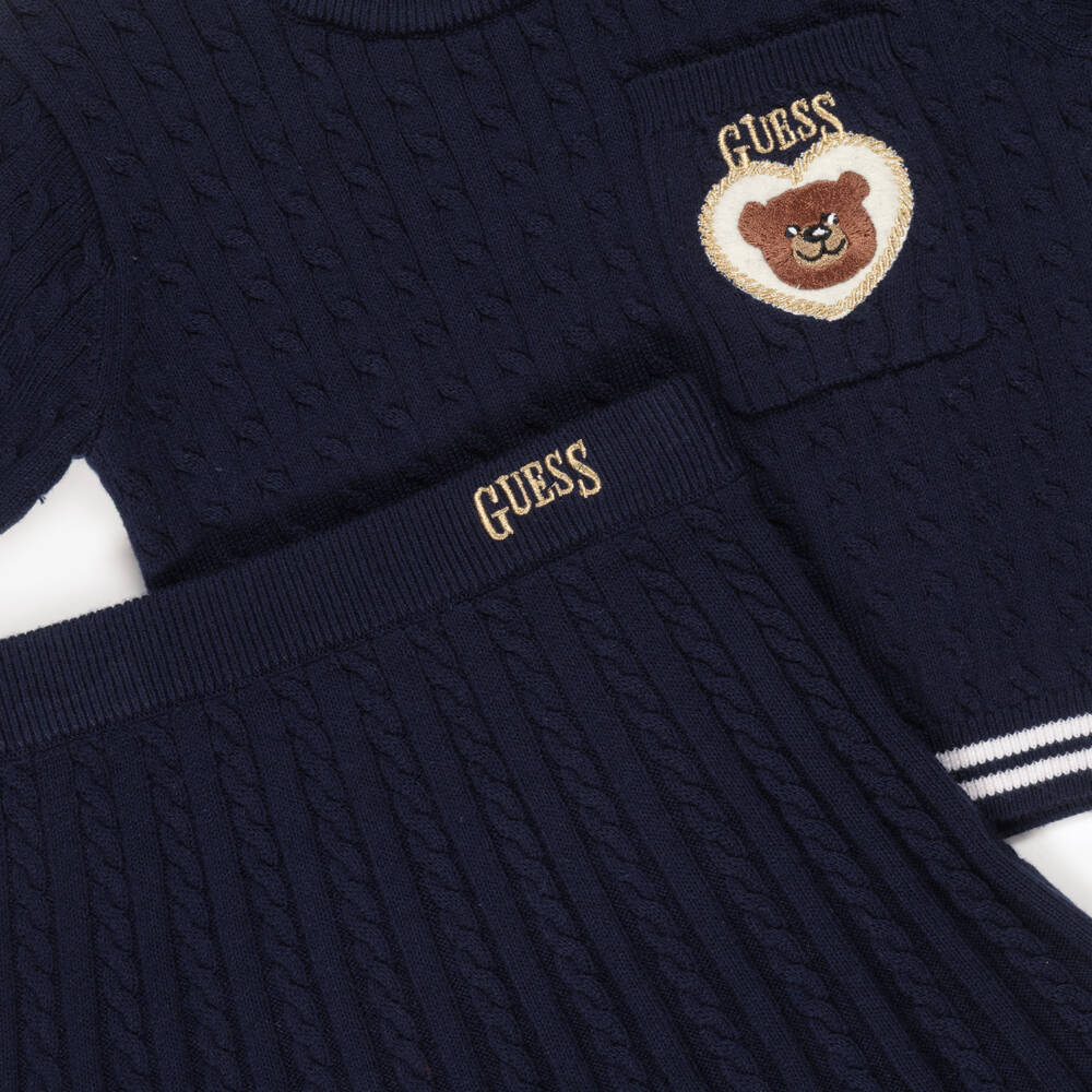 Guess-Girls Navy Blue Cable Knit Skirt Set with Teddy Bear Motif | Childrensalon