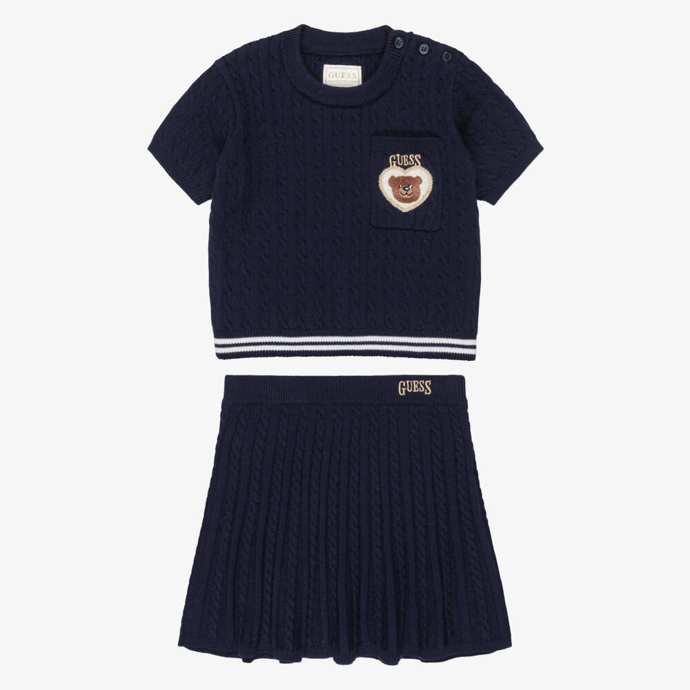 Guess-Girls Navy Blue Cable Knit Skirt Set with Teddy Bear Motif | Childrensalon