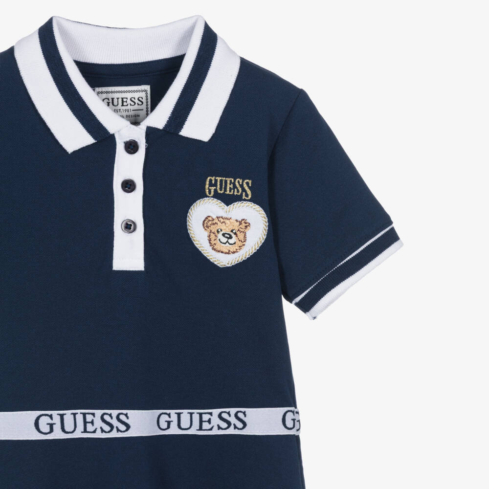 Guess-Girls Navy Blue Cotton Polo Dress with Teddy Bear Logo Badge | Childrensalon