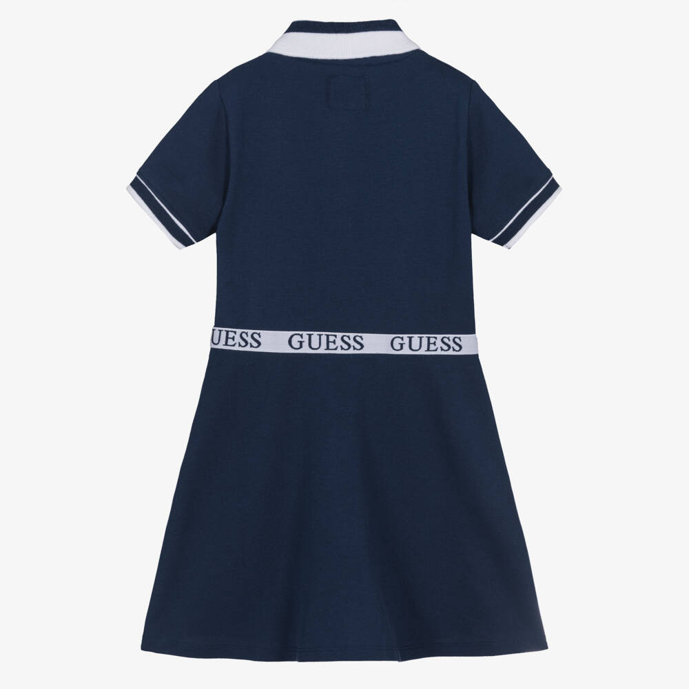 Guess-Girls Navy Blue Cotton Polo Dress with Teddy Bear Logo Badge | Childrensalon