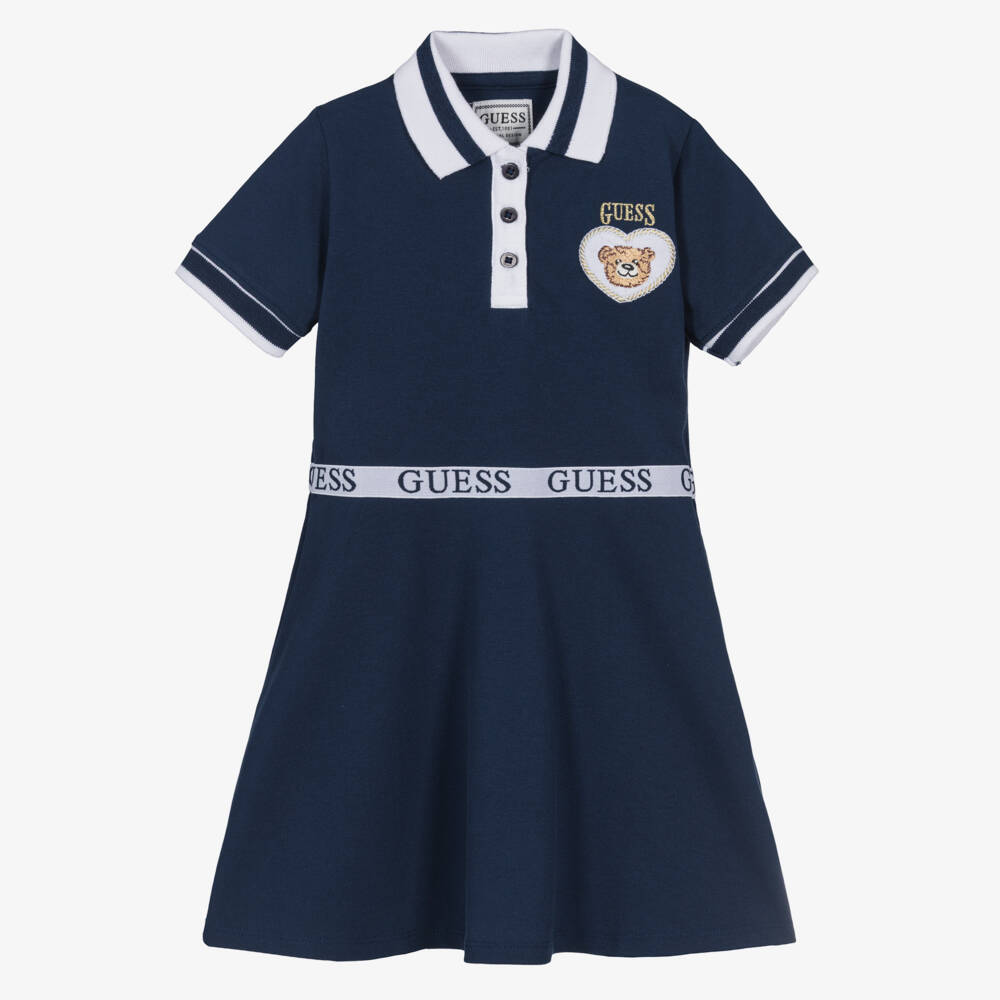 Guess-Girls Navy Blue Cotton Polo Dress with Teddy Bear Logo Badge | Childrensalon