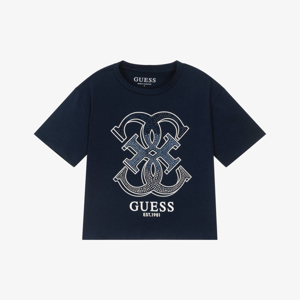 Guess-Girls Navy Blue Cotton Rhinestone 4G Logo T-Shirt | Childrensalon