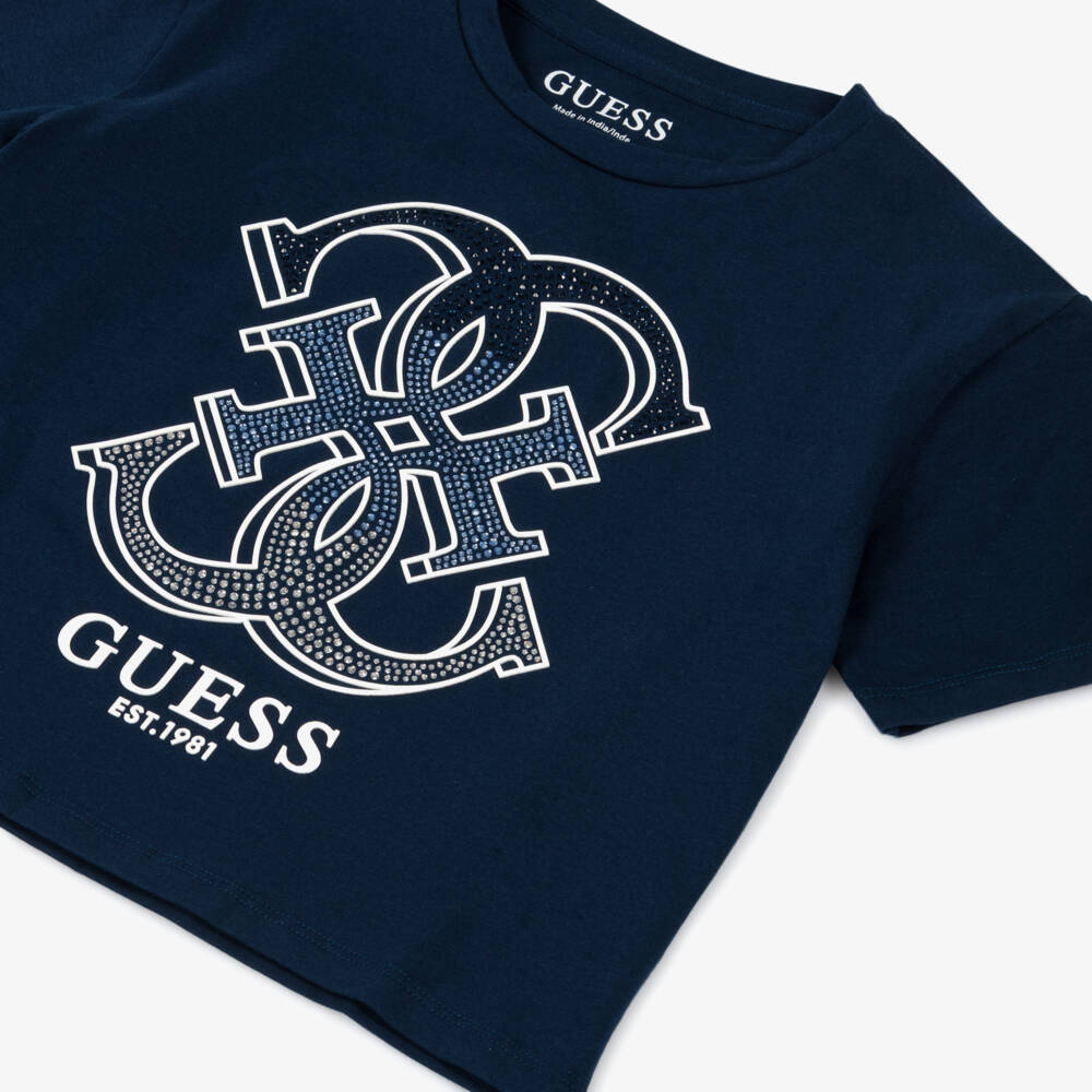 Guess-Girls Navy Blue Cotton Rhinestone 4G Logo T-Shirt | Childrensalon