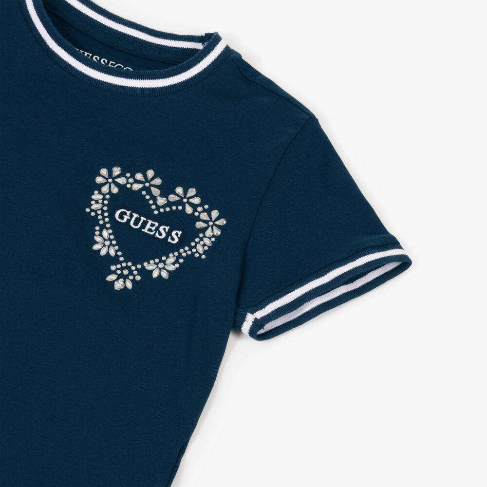 Guess-Girls Navy Blue Cotton Rhinestone Heart Logo T-Shirt | Childrensalon