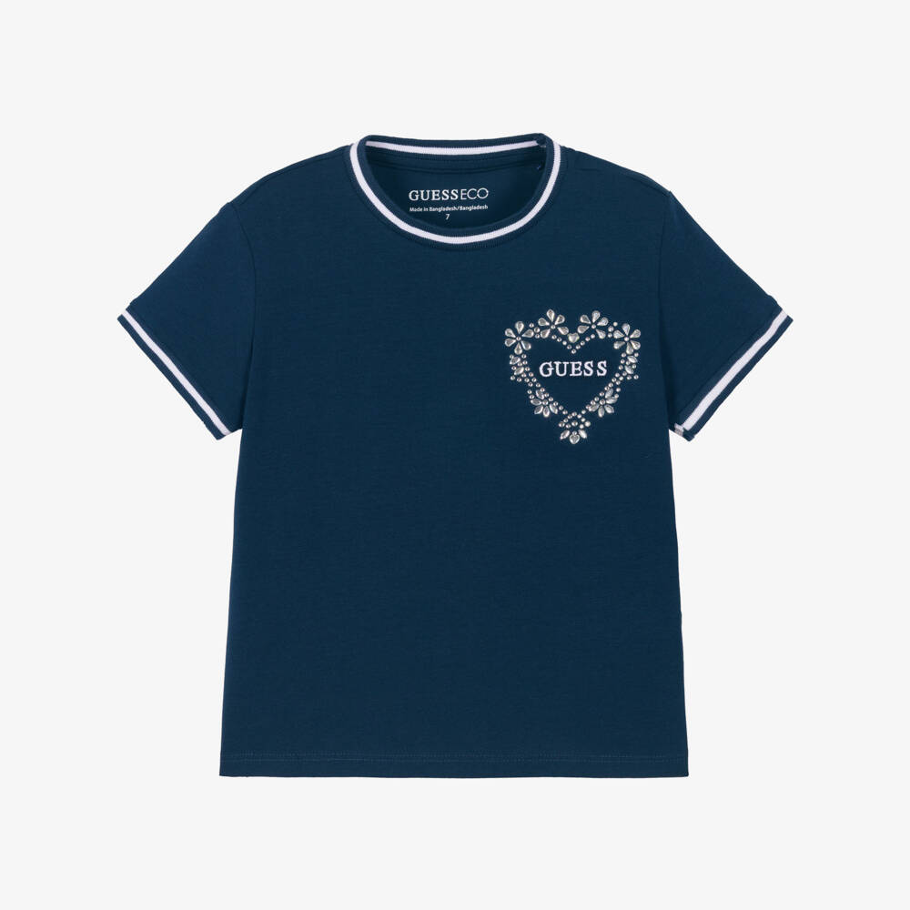 Guess-Girls Navy Blue Cotton Rhinestone Heart Logo T-Shirt | Childrensalon