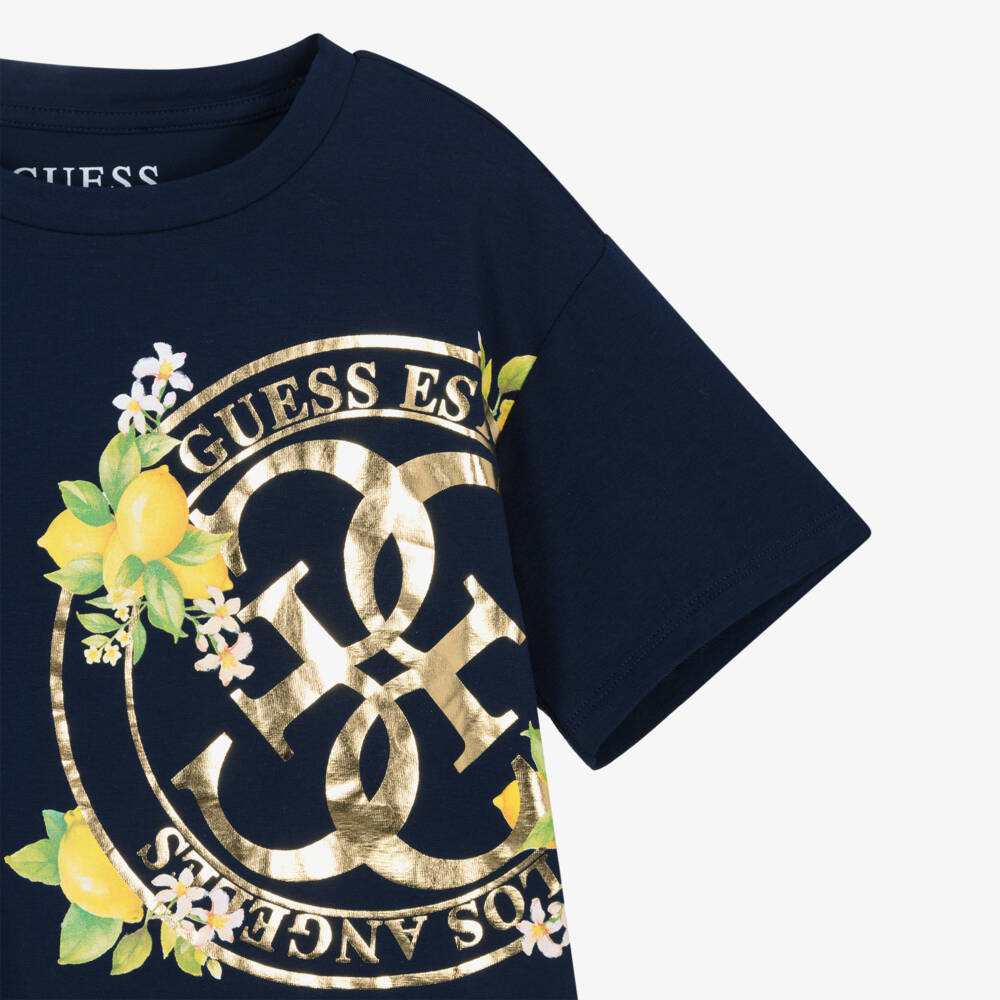 Guess-Girls Navy Blue Cotton T-Shirt with Gold Logo Print | Childrensalon