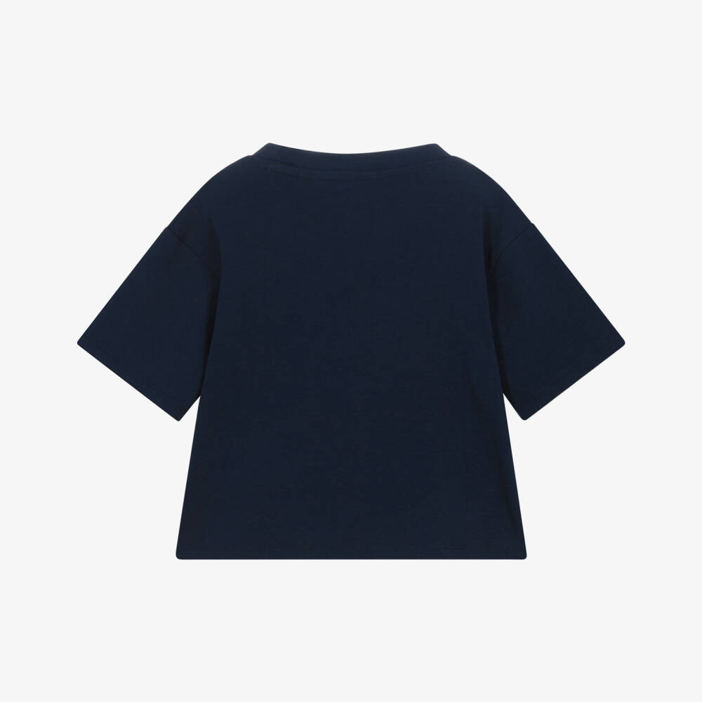 Guess-Girls Navy Blue Cotton T-Shirt with Gold Logo Print | Childrensalon