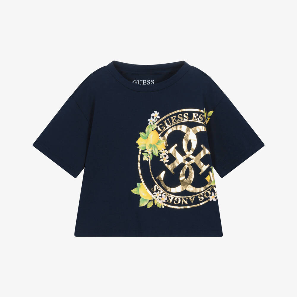 Guess-Girls Navy Blue Cotton T-Shirt with Gold Logo Print | Childrensalon