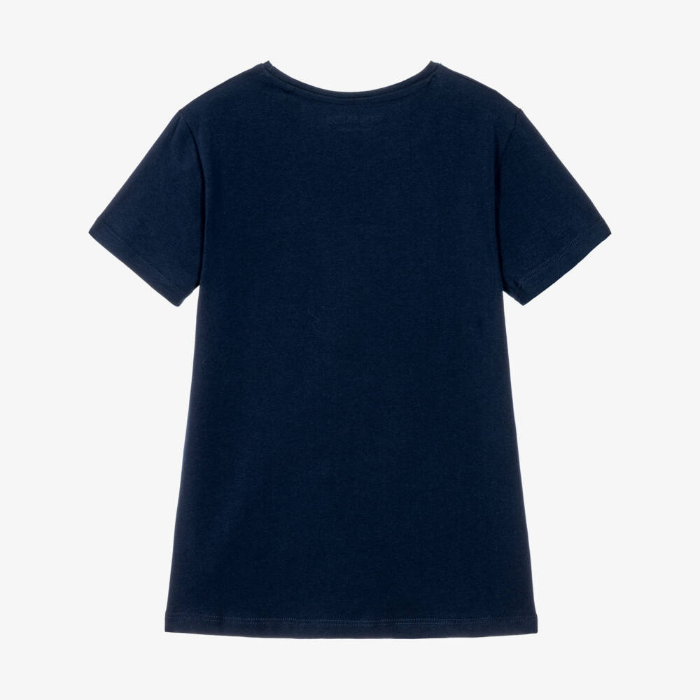 Guess-Girls Navy Blue Cotton T-Shirt with Metallic Script Logo | Childrensalon