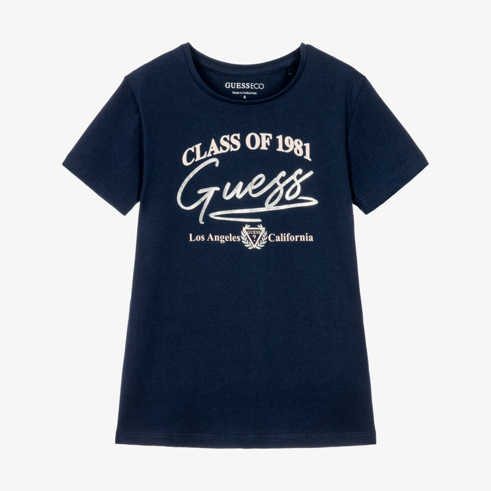 Guess-Girls Navy Blue Cotton T-Shirt with Metallic Script Logo | Childrensalon