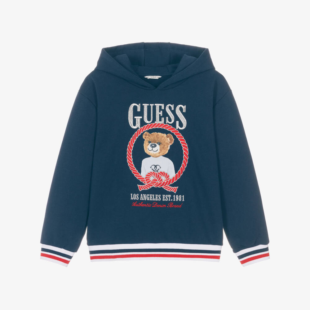 Guess-Girls Navy Blue Cotton Teddy Bear Logo Hoodie | Childrensalon