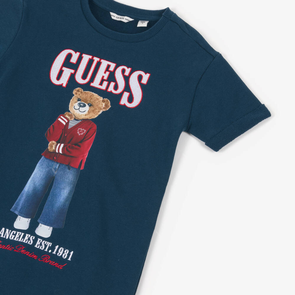 Guess-Girls Navy Blue Cotton Teddy Bear Logo Sweatshirt Dress | Childrensalon