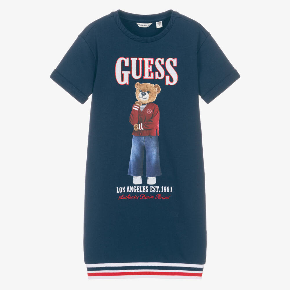Guess-Girls Navy Blue Cotton Teddy Bear Logo Sweatshirt Dress | Childrensalon