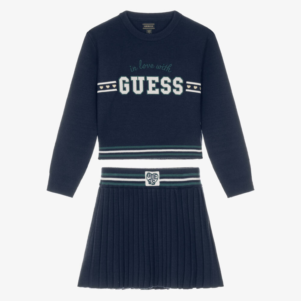 Guess-Girls Navy Blue Knit Pleated Skirt Set | Childrensalon
