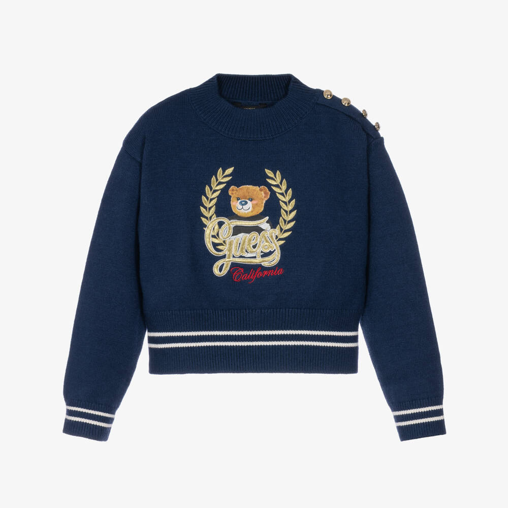 Guess-Girls Navy Blue Knitted Jumper with Bear Motif | Childrensalon