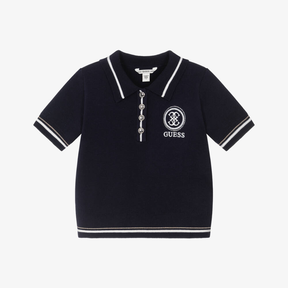 Guess-Girls Navy Blue Knitted Polo Shirt | Childrensalon