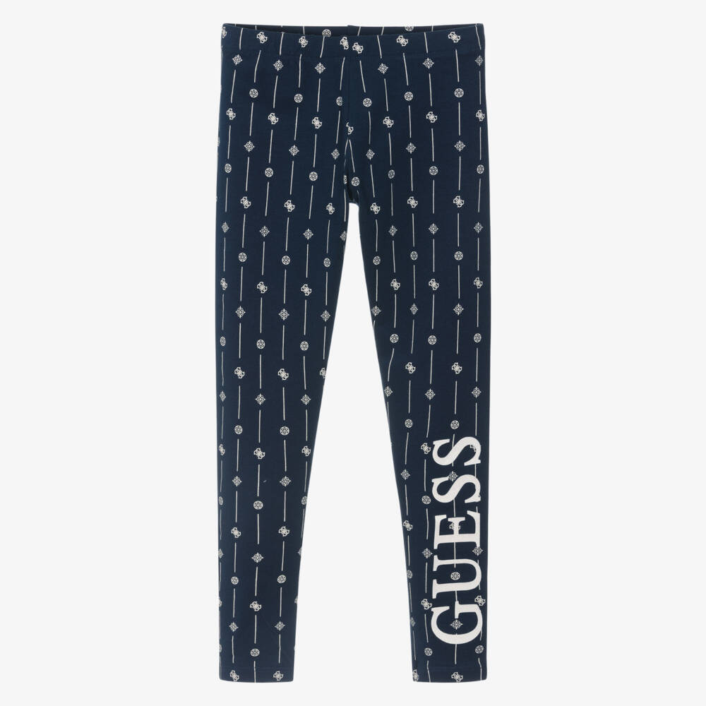 Guess-Girls Navy Blue Logo Pattern Cotton Leggings | Childrensalon