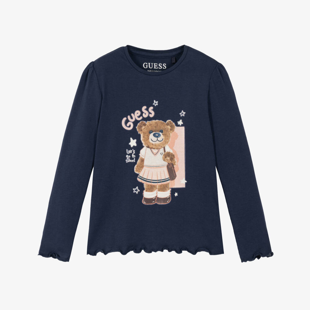 Guess-Girls Navy Blue Long Sleeve Top with Bear Print | Childrensalon